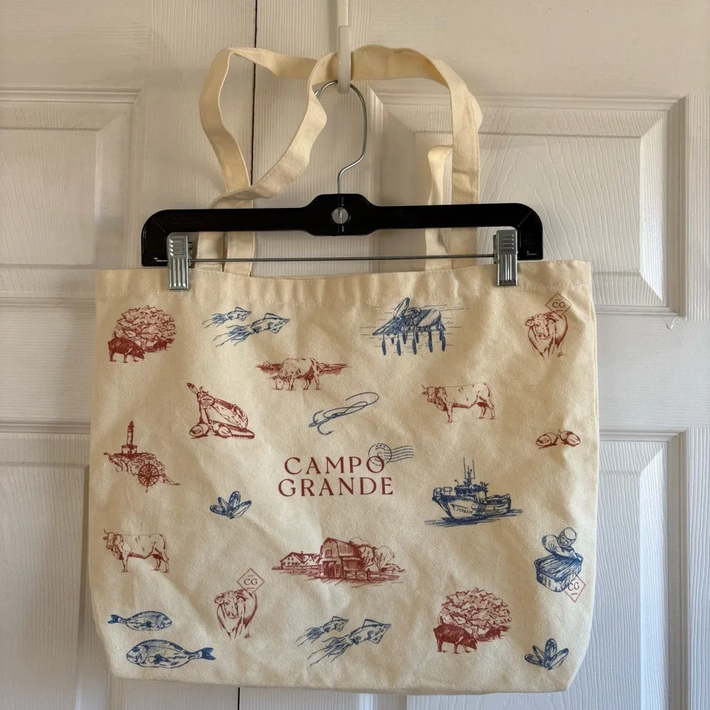 Campo Grande Canvas Tote‎ Bag Cream Red Blue Novelty Print South Western Farm